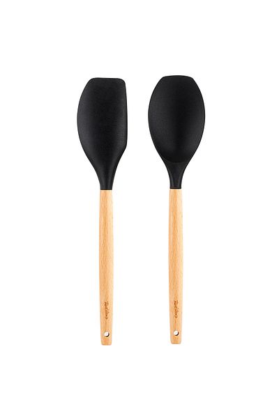 Tantitoni 006-01-Bamboo Handle Smoked Color Silicone Large Spoon and Spatula Set
