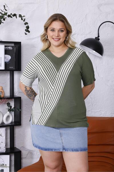 Siyezen Plus Size Striped Stone Blouse