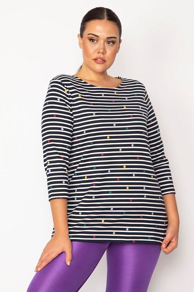 Şans Women's Black Stripe and Dot Patterned Capri Sleeve Tunic 65N28711