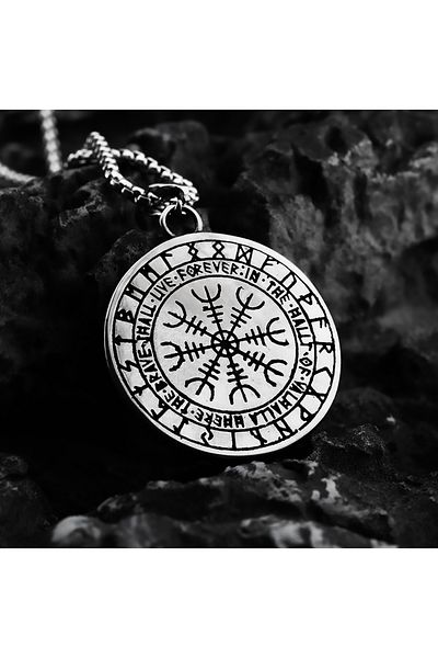 Viking Runic Alphabet Double Faced Norse Mythology 316L Stainless Steel Pendant on Compass