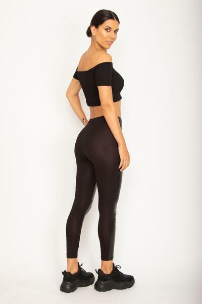 Şans Tekstil Women's Black Front Faux Leather Covered Back Viscose Fabric Leggings Pants 26a26325