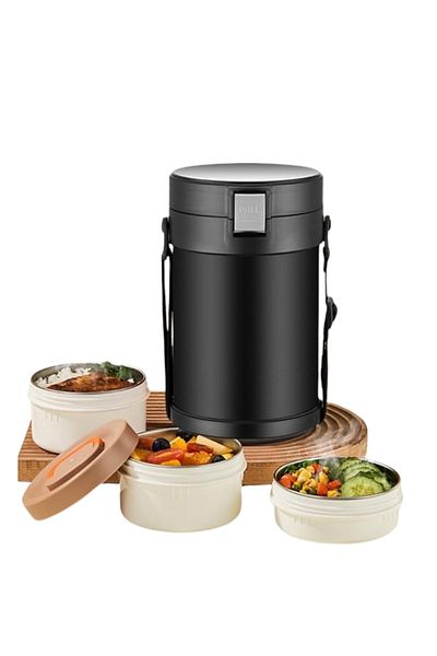 MACVI Caserola termica Macvi® din inox 304, 2.3L, 3 compartimente, etansa, cu tacamuri incluse, Negru