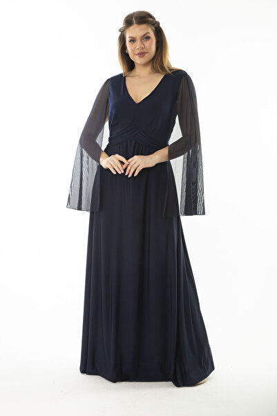 Şans Women's Large Size Navy Blue Waist Detailed Sleeves Tulle Evening Dress 65N37065