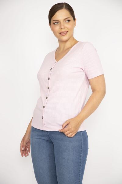 Şans Női rózsaszín plusz méretű, V-nyakú elöl díszes, gombos kamisole szövet rövid ujjú blúz 65n36550