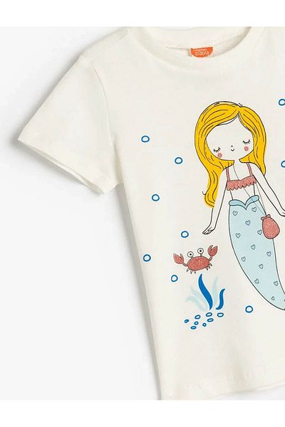 Koton Cotton Mermaid Printed Crew Neck Short Sleeve T-Shirt