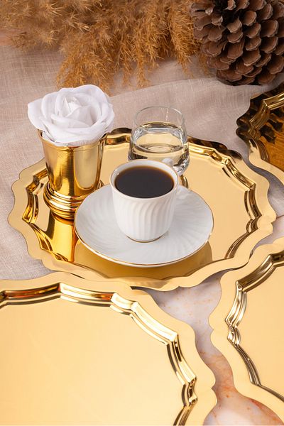 Aslı Hediyelik 6 Pieces 24 cm Wavy Round Gold Decorative Tea, Coffee, Refreshment, Cake Presentation Serving Tray