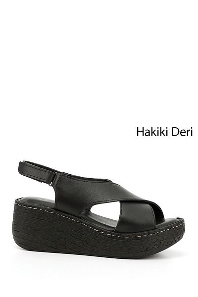 GÖNDERİ(R) Women / Girls Black Velcro Strap Wedge Sole Genuine Leather Sandals