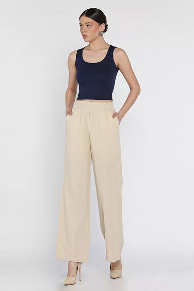 GÜLSELİ Pantaloni largi de damă bej cu talie elastică