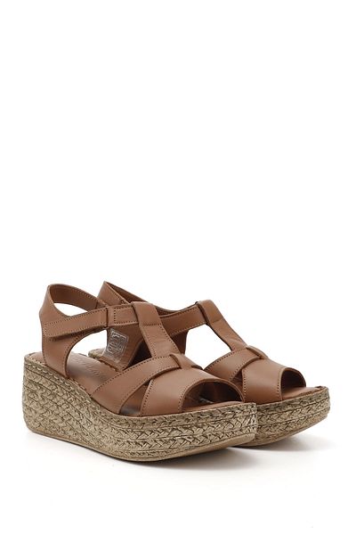 GÖNDERİ(R) Women / Girls Tan Antique Velcro Strap Wedge Sole Genuine Leather Sandals