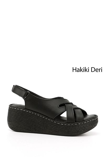 GÖNDERİ(R) Women / Girls Black Velcro Strap Genuine Leather Wedge Sandals