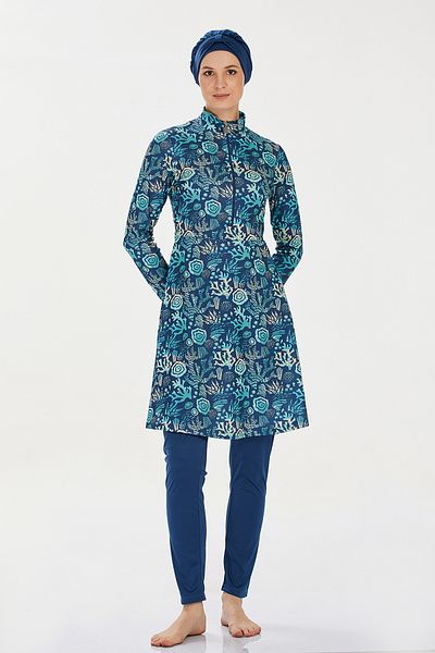 Bravie Women's Blue Sea Plants Patterned Full Covered Lycra Hijab Swimsuit - 9223