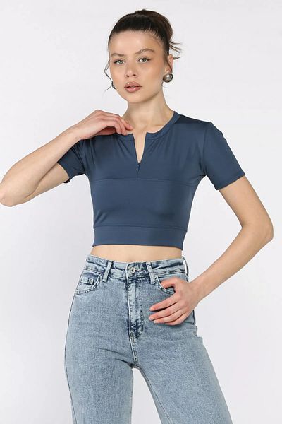 GÜLSELİ Γυναικεία μπλούζα Modal Fabric Crop Top με μπροστινό φερμουάρ Petrol