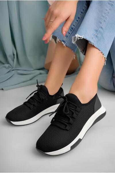 İnan Ayakkabı Kadın Siyah Triko Nefes Alabilen Kumaş Koku Terleme Yapmaz Sneakers 4 Cm Taban