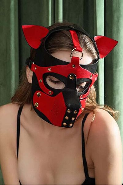 WildFashion BDSM Dominatrix dog mask, made of eco-leather, Red and Black, TOY503-3