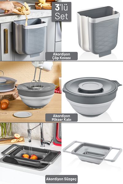 İronika 3-Piece Foldable Kitchen Set Accordion Strainer - Mixer Container - Trash Can