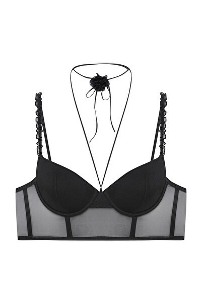 ESOTIQ Sutien tip bustieră cu push-up, bretele în față și corset cu pompon din plasă, bretele decorative | Omari