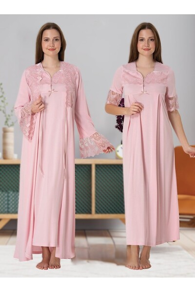 Pelin Kadın Pudra Dantelli Lohusa Hamile Gecelik Sabahlık Takım
