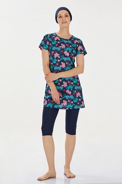 Bravie Women's Short Sleeve Pink Floral Patterned Half Hijab Swimsuit - 9300