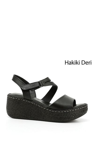 GÖNDERİ(R) Women / Girls Black Velcro Strap Wedge Sole Genuine Leather Sandals