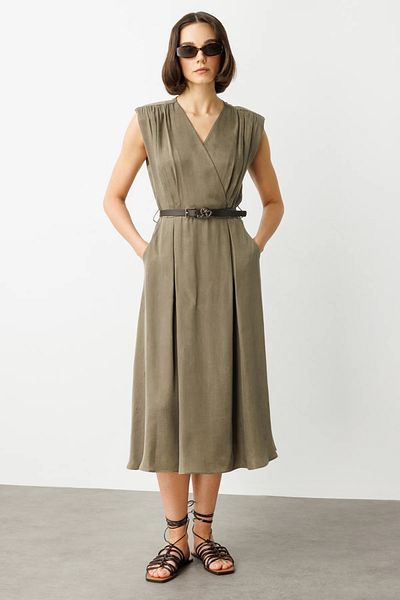Ekol Draped Dress with Belted Waist and Shoulder