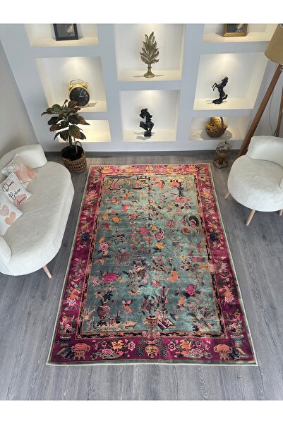 Rugs Modern Halı Mavi Pembe Temalı Floral Çiçek Desenli Vintage Dekoratif Halı 4844