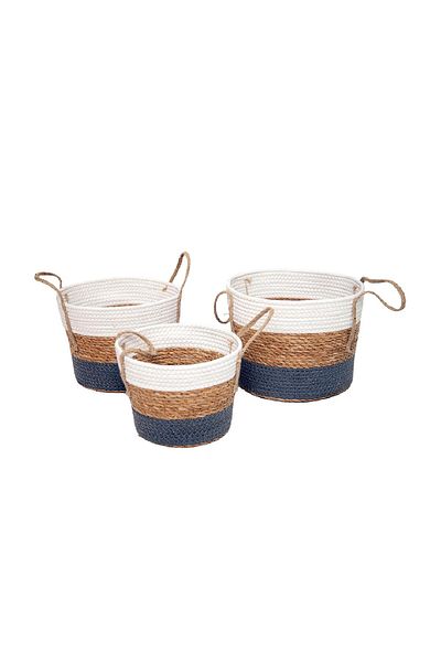 Bahçem Decorative Round Handled Wicker Cotton Three-Piece Basket / Flower Pot Set with Three Color Designs