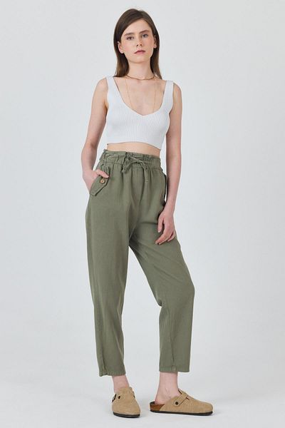 Rays Olive Green Pocket Button Detailed Elastic Waist Trousers 006
