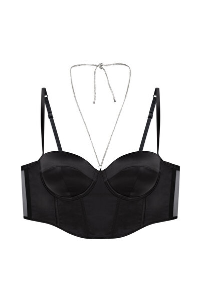 ESOTIQ Sutien bustier din satin cu push-up și bretele tip choker în față, sti...