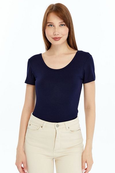 LAENT Women's Navy Blue Pool Neck Short Sleeve Blouse