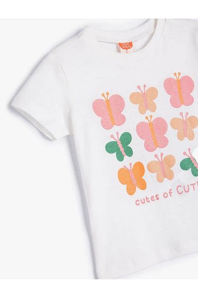 Koton Butterfly Printed Crew Neck Ecru Baby Girl T-Shirt 5Smg10026Ak