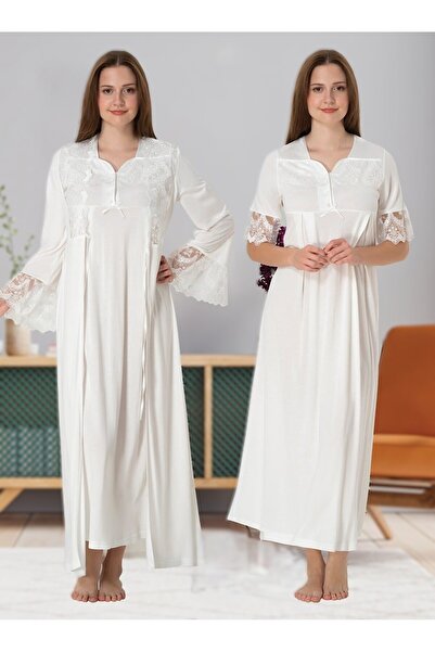 Pelin Kadın Ekru Dantelli Lohusa Hamile Gecelik Sabahlık Takım
