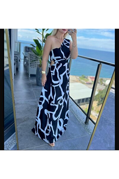 MACHEK Siyah desenli tek omuzlu yanı pencere detaylı uzun crep saten elbise