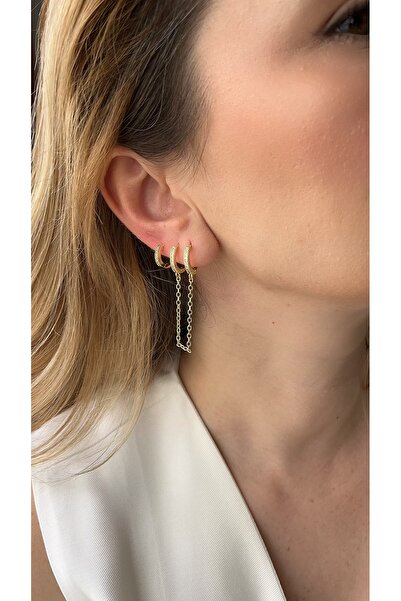 YSX JEWELRY Zirkon taşlı 3’lü zincir detaylı halka küpe