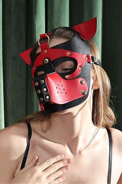 WildFashion BDSM Dominatrix dog mask, made of eco-leather, Red and Black, TOY503-3