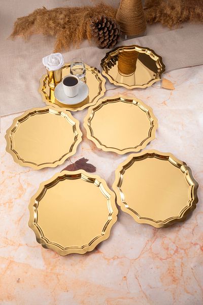 Aslı Hediyelik 6 Pieces 24 cm Wavy Round Gold Decorative Tea, Coffee, Refreshment, Cake Presentation Serving Tray