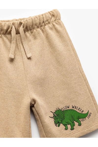 Koton Dinosaur Printed Elastic Waist Bermuda Beige Boy's Shorts 5Skb40036Tk