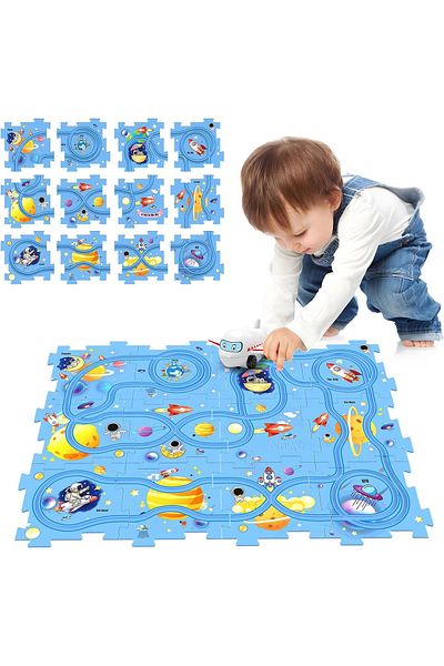 Pitikot Set 25 piese cu masinuta Pitikot®, traseu puzzle racer, jucarie interactiva cu desene din spatiu,