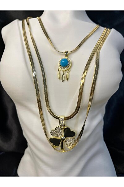 BERCHEM SCARF Kadın Gold Renk Üçlü Kombin Kolye-Nazar Boncuklu & Yonca Taşlı Özel Tasarım