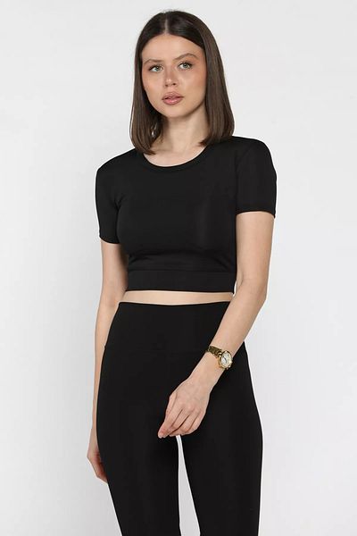 GÜLSELİ Μαύρη γυναικεία μπλούζα με λαιμόκοψη Lycra Crop Top