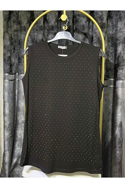 Akasya Ön Kısım Taş Detaylı Bisiklet Yaka Sıfır Kol Bluz