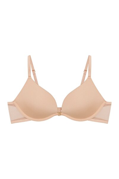 ESOTIQ Sutien Super Push-Up cu Armătură, Decolteu Profund, Cupe Netede și Plasă Laterală, Pandantiv Auriu, Spate Decorativ | Nuci