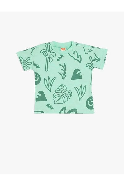 Koton Tricou verde cu model din bumbac cu gât pentru bebeluși 5smb10111tk