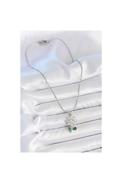 Findit 316L Steel Silver Color Minimal Heel Chain Zircon Stone Daisy Model Women's Necklace