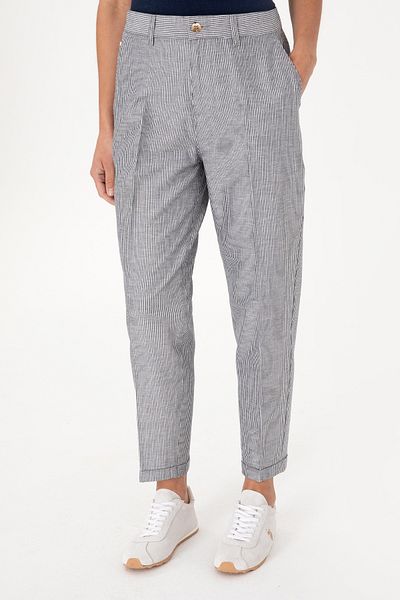 U.S. Polo Assn. Women's Navy Blue Striped Linen Blended Carrot Fit Canvas Trousers 50309090-Vr033