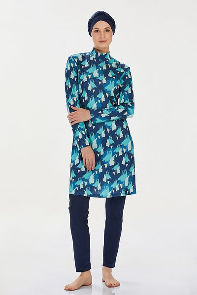 Bravie Women's Blue Brush Stroke Patterned Full Covered Lycra Hijab Swimsuit