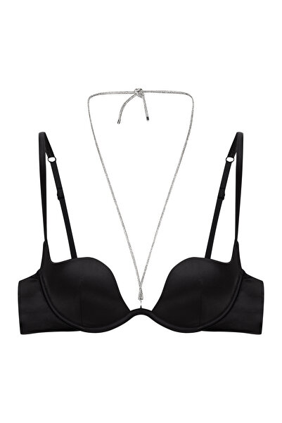 ESOTIQ Sutien push-up cu decolteu adânc, satin fin, cu bretele decorative det...