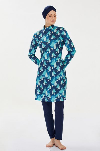 Bravie Women's Blue Brush Stroke Patterned Full Covered Lycra Hijab Swimsuit