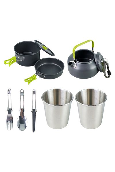 OEM Camping tableware and accessories set DS-308, aluminum, storage bag, green/black