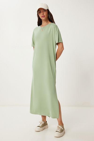 Lovelyİstanbul Oversize Basic Summer Knitted Dress Green Lub0082
