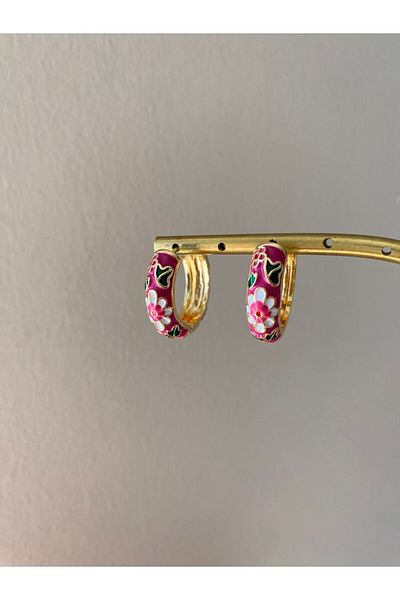 marsel aksesuar Pink Enamel Flower Pattern Hoop Earrings